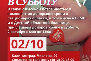 В субботу, 2 октября с 8:00 до 13:00 приглашаем доноров крови! 